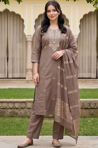 women ethnic motifs embroidered regular thread work kurta with trousers & with dupatta