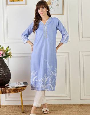 women floral printed regular linen kurta with trousers & with dupatta 1