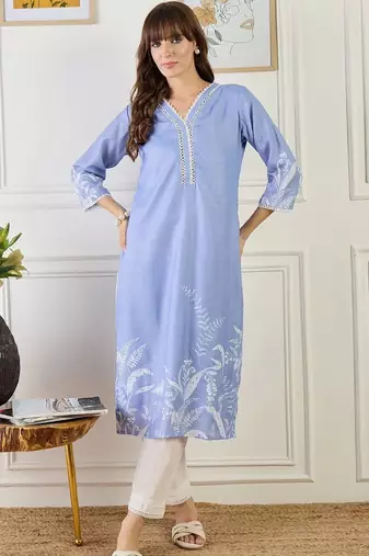 women floral printed regular linen kurta with trousers & with dupatta