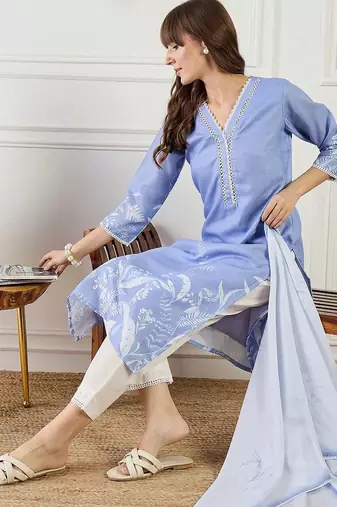 women floral printed regular linen kurta with trousers & with dupatta