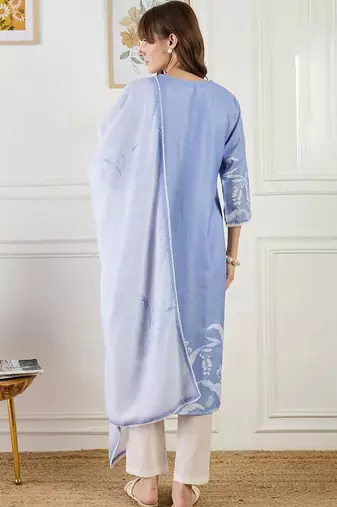 women floral printed regular linen kurta with trousers & with dupatta