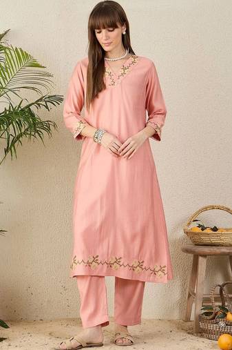 women ethnic motifs embroidered regular thread work kurta with trousers
