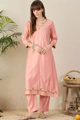 women ethnic motifs embroidered regular thread work kurta with trousers