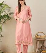 women ethnic motifs embroidered regular thread work kurta with trousers
