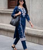women ethnic motifs embroidered regular thread work kurta with trousers