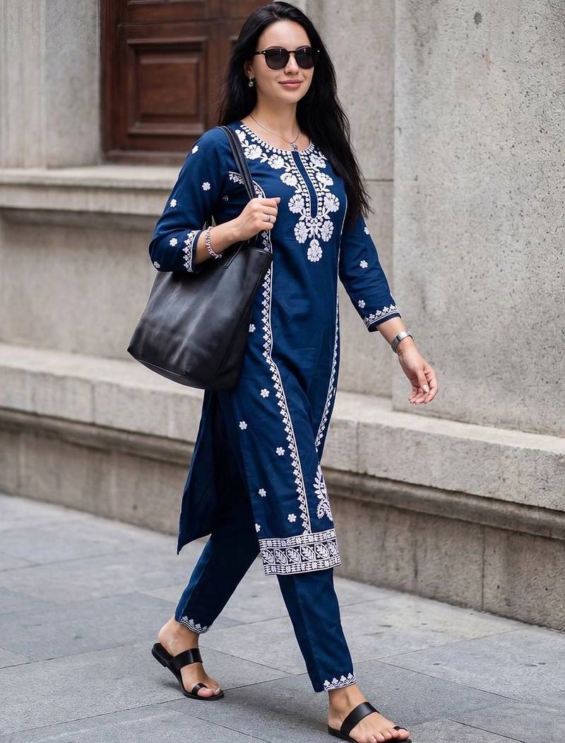 women ethnic motifs embroidered regular thread work kurta with trousers