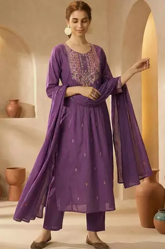 women ethnic motifs embroidered empire mirror work cotton kurta with trousers & with dupatta