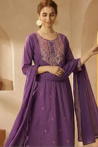 women ethnic motifs embroidered empire mirror work cotton kurta with trousers & with dupatta