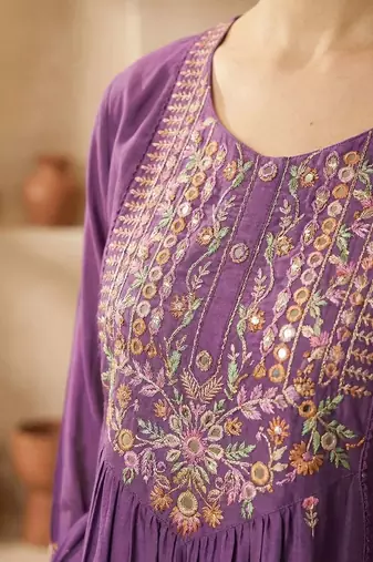 women ethnic motifs embroidered empire mirror work cotton kurta with trousers & with dupatta