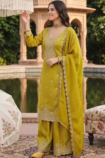 women ethnic motifs embroidered regular thread work kurta with sharara & with dupatta