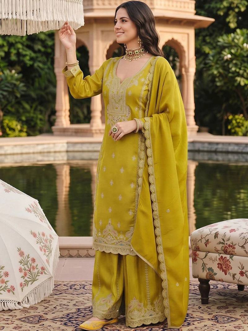 women ethnic motifs embroidered regular thread work kurta with sharara & with dupatta