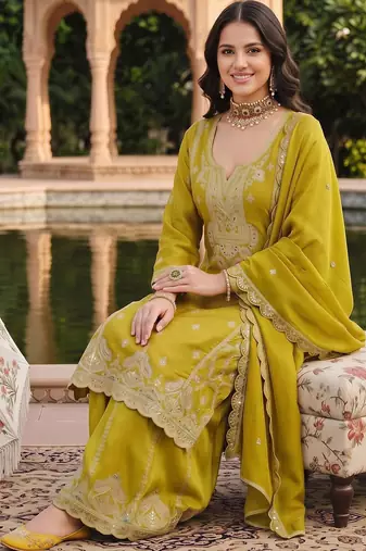 women ethnic motifs embroidered regular thread work kurta with sharara & with dupatta