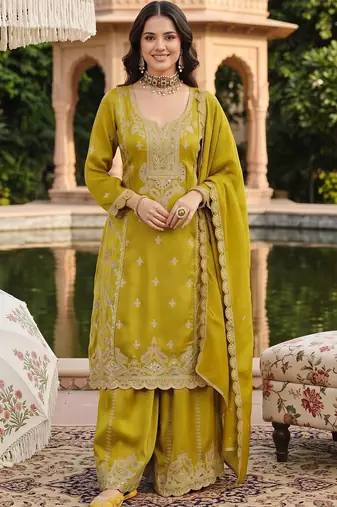 women ethnic motifs embroidered regular thread work kurta with sharara & with dupatta