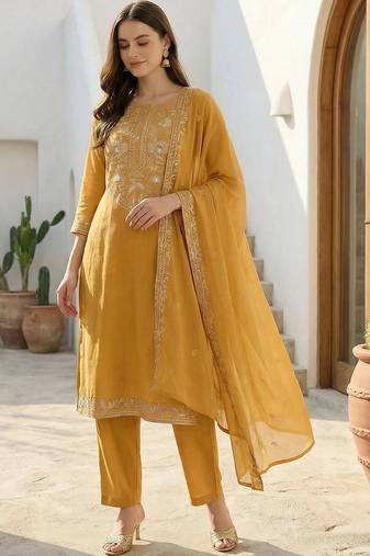 women ethnic motifs embroidered regular thread work cotton kurta with trousers & with dupatta