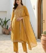 women ethnic motifs embroidered regular thread work cotton kurta with trousers & with dupatta