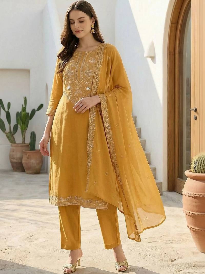 women ethnic motifs embroidered regular thread work cotton kurta with trousers & with dupatta