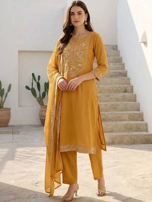 women ethnic motifs embroidered regular thread work cotton kurta with trousers & with dupatta 5