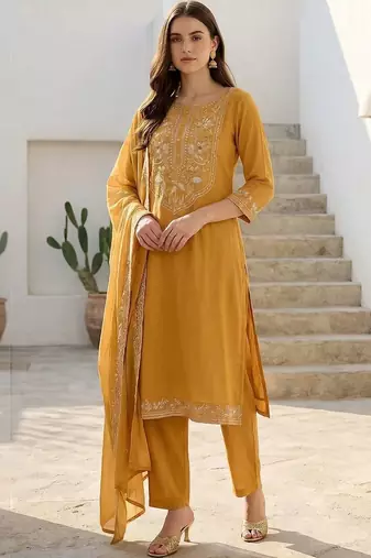women ethnic motifs embroidered regular thread work cotton kurta with trousers & with dupatta