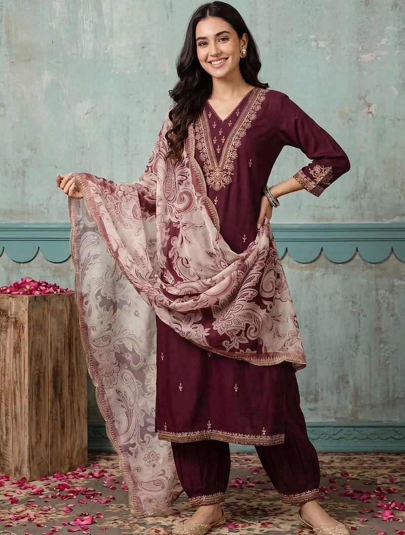 women ethnic motifs embroidered regular thread work kurta with patiala & with dupatta