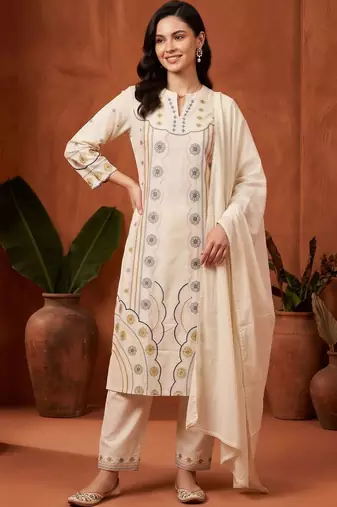 women ethnic motifs embroidered regular thread work cotton kurta with trousers & with dupatta