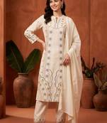 women ethnic motifs embroidered regular thread work cotton kurta with trousers & with dupatta