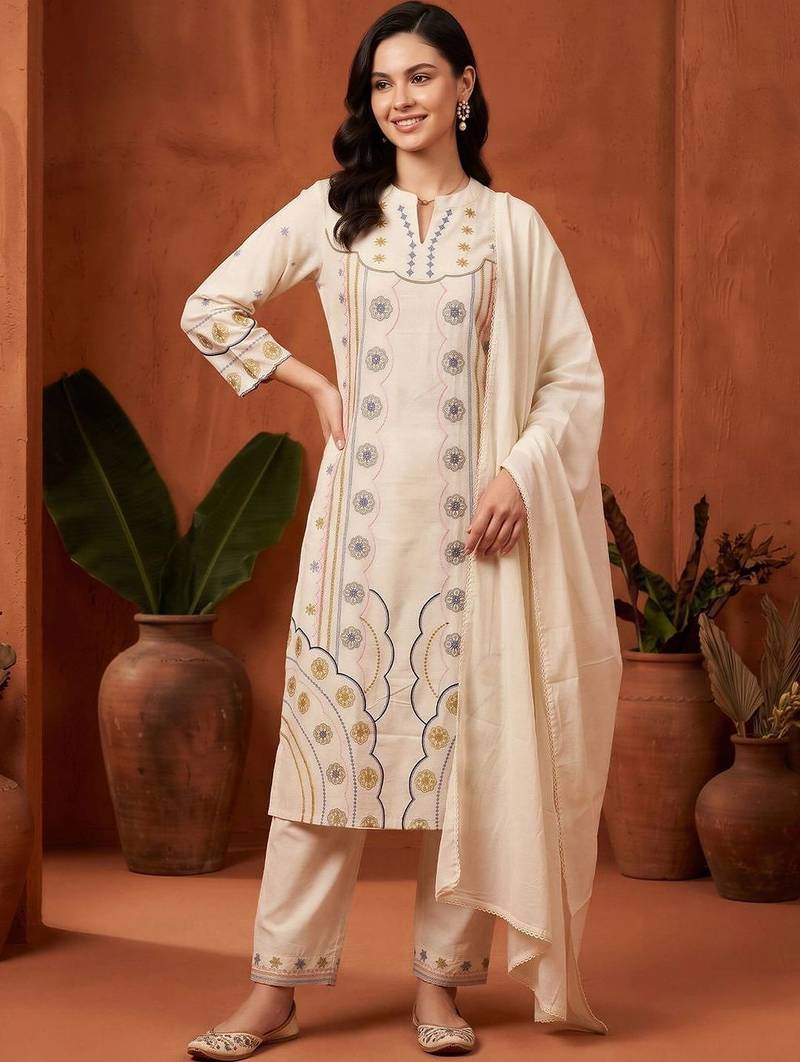 women ethnic motifs embroidered regular thread work cotton kurta with trousers & with dupatta