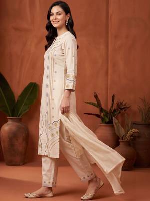 women ethnic motifs embroidered regular thread work cotton kurta with trousers & with dupatta 2
