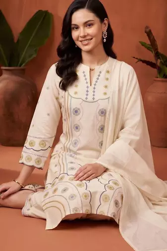 women ethnic motifs embroidered regular thread work cotton kurta with trousers & with dupatta