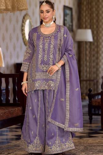 women ethnic motifs embroidered regular kurta with palazzos & with dupatta