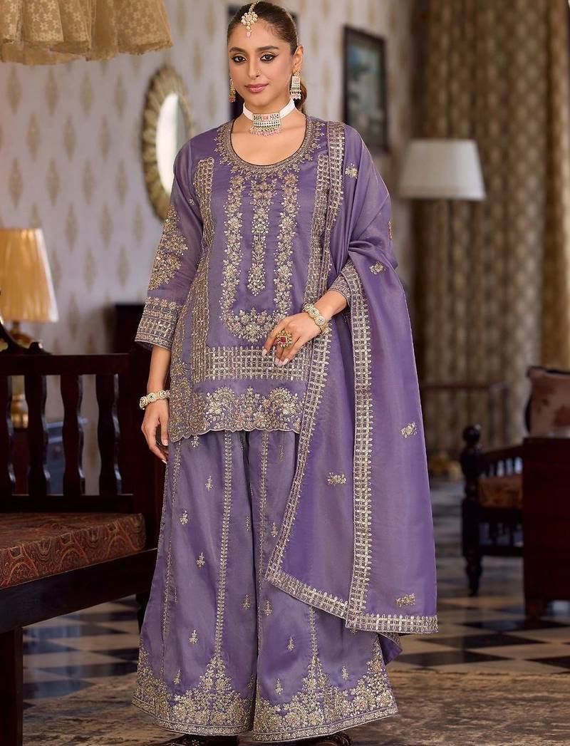 women ethnic motifs embroidered regular kurta with palazzos & with dupatta