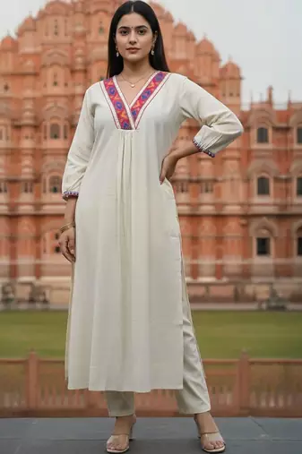 women ethnic motifs embroidered regular thread work liva kurta with trousers