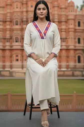 women ethnic motifs embroidered regular thread work liva kurta with trousers