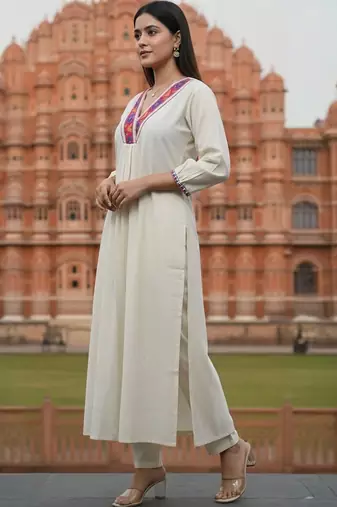 women ethnic motifs embroidered regular thread work liva kurta with trousers