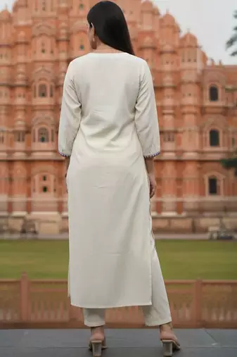 women ethnic motifs embroidered regular thread work liva kurta with trousers