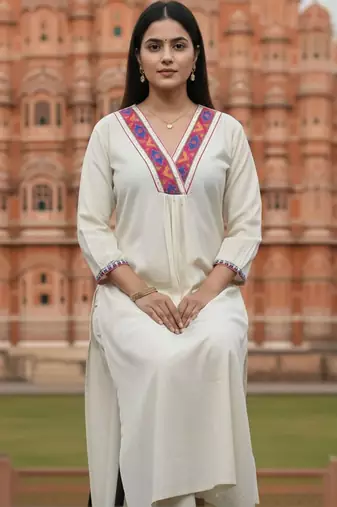 women ethnic motifs embroidered regular thread work liva kurta with trousers