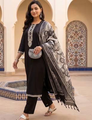 women ethnic motifs embroidered regular thread work kurta with trousers & with dupatta 1