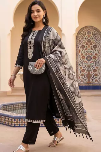 women ethnic motifs embroidered regular thread work kurta with trousers & with dupatta