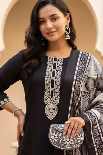 women ethnic motifs embroidered regular thread work kurta with trousers & with dupatta