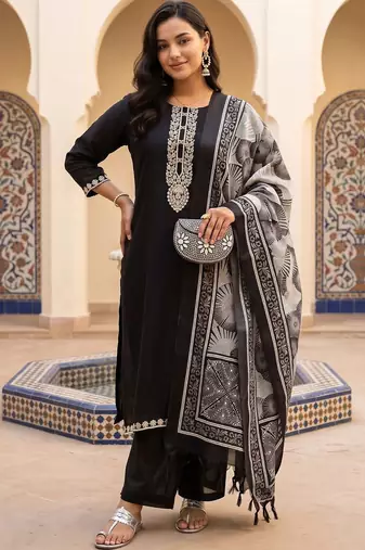 women ethnic motifs embroidered regular thread work kurta with trousers & with dupatta