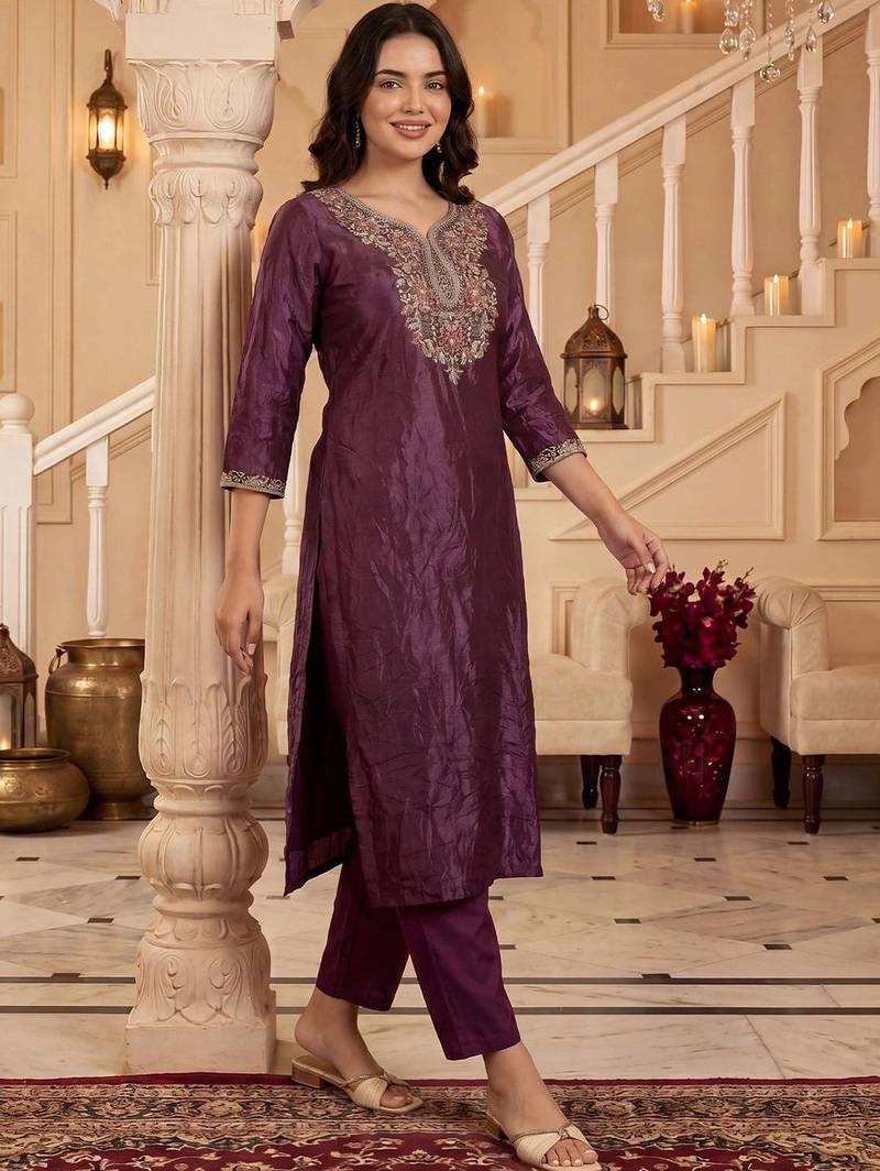 women ethnic motifs embroidered regular thread work kurta with trousers
