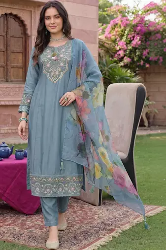 women ethnic motifs embroidered regular thread work liva kurta with trousers & with dupatta