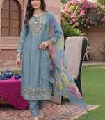 women ethnic motifs embroidered regular thread work liva kurta with trousers & with dupatta