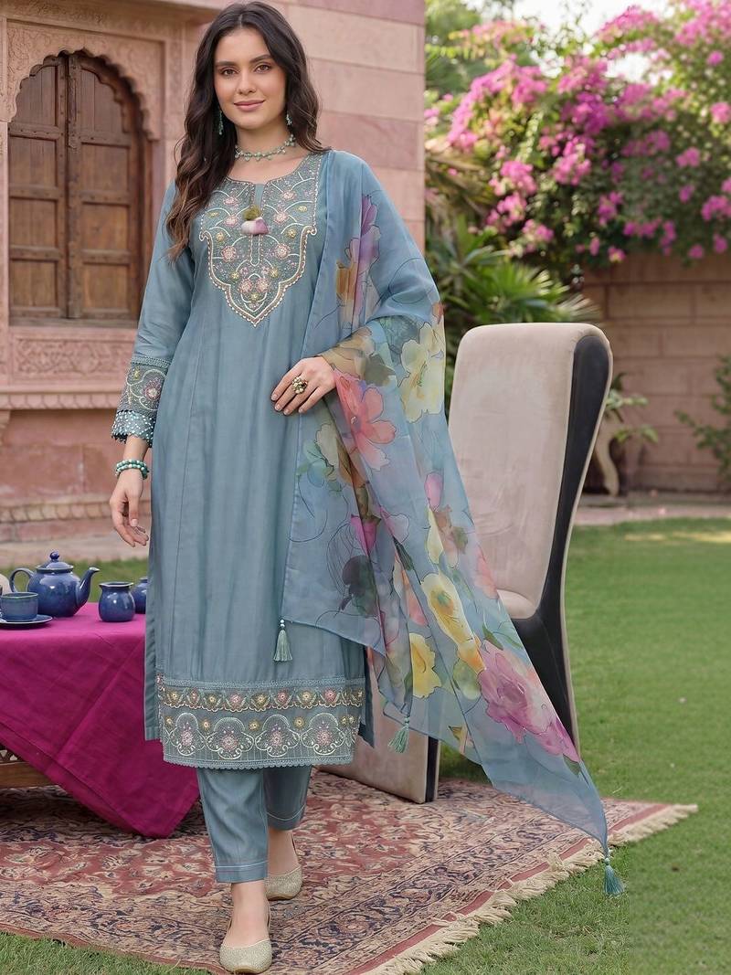 women ethnic motifs embroidered regular thread work liva kurta with trousers & with dupatta