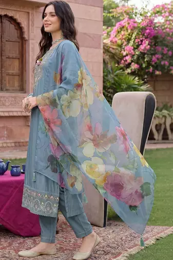 women ethnic motifs embroidered regular thread work liva kurta with trousers & with dupatta