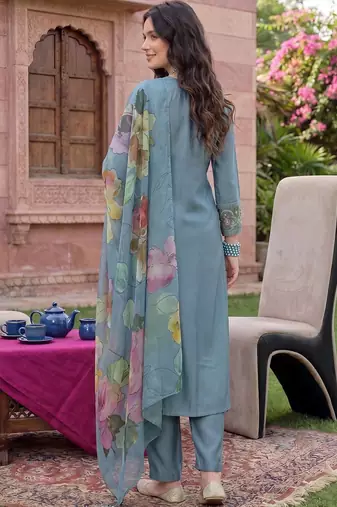 women ethnic motifs embroidered regular thread work liva kurta with trousers & with dupatta