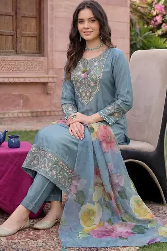 women ethnic motifs embroidered regular thread work liva kurta with trousers & with dupatta