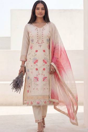 women floral embroidered regular mirror work kurta with trousers & with dupatta