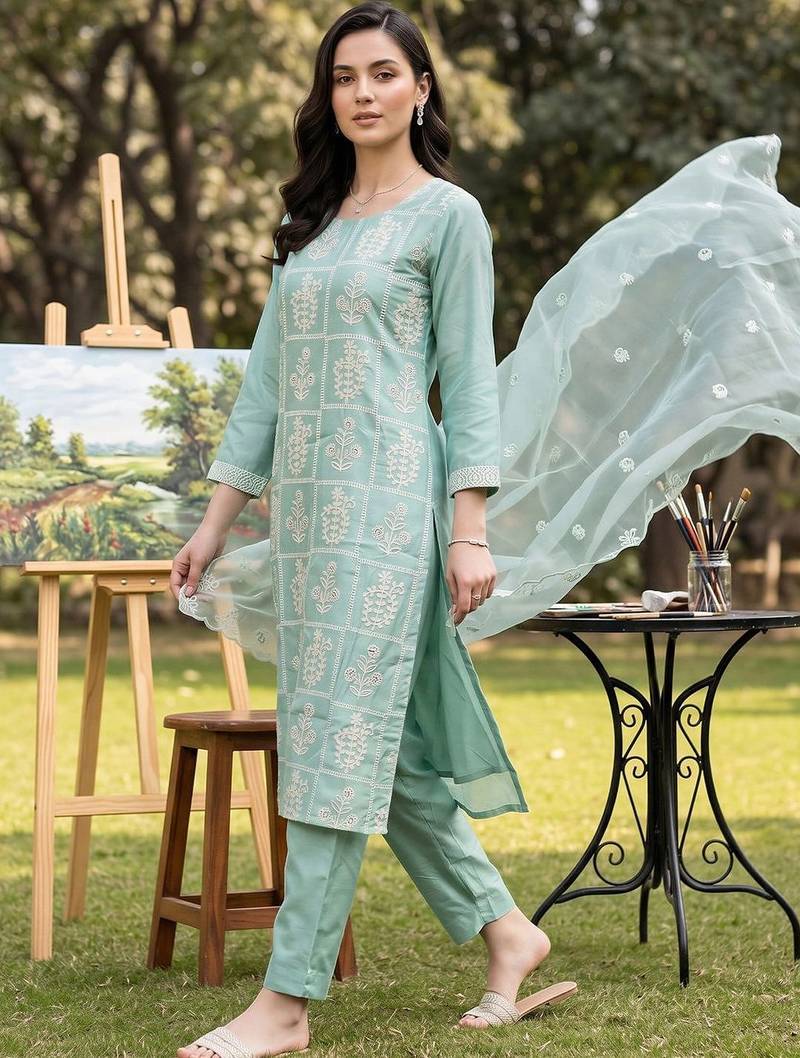 women ethnic motifs embroidered regular thread work kurta with trousers & with dupatta
