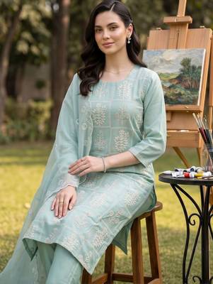women ethnic motifs embroidered regular thread work kurta with trousers & with dupatta 5