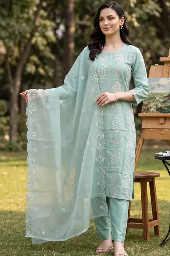 women ethnic motifs embroidered regular thread work kurta with trousers & with dupatta